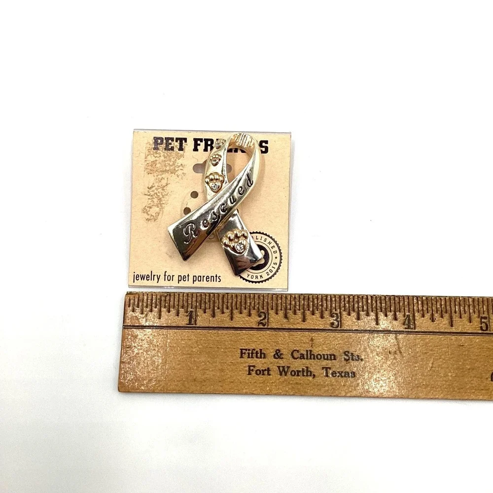 Pet Friends Rescued Ribbon Pin Silver Gold Tone Paw‎ Print Rhinestone Brooch